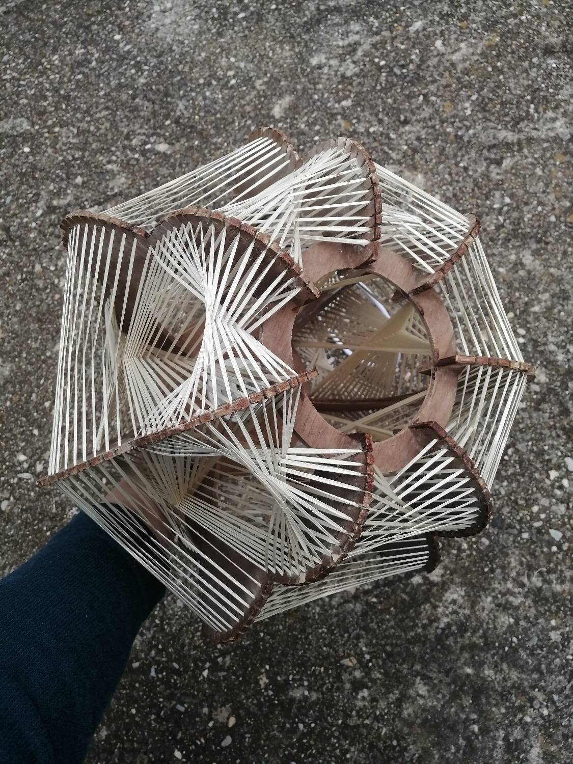 Pair of vintage wooden and rattan straw pendant lights.