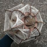 Pair of vintage wooden and rattan straw pendant lights.
