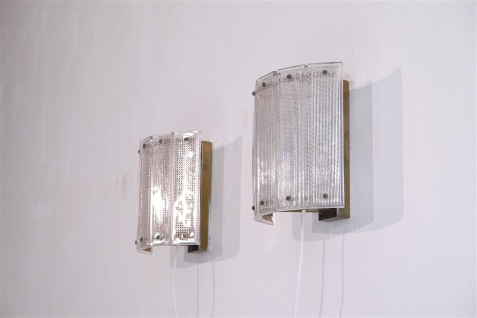 Pair of Scandinavian wall lights in brass and glass 1970