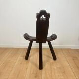Pair of low tripod chairs in solid wood, mid-20th century.
