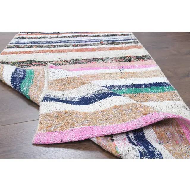 Vintage Turkish Hand-Knotted Wool Cotton White Kilim Runner Rug 78x228