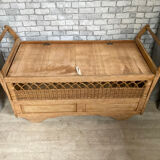 Wooden and rattan chest bench