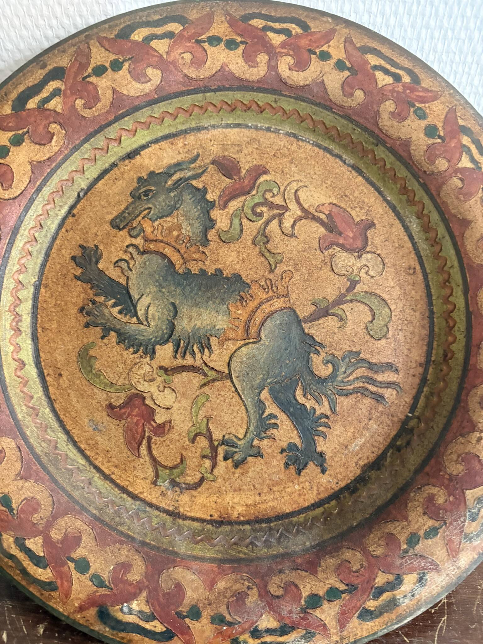 Mural Plate Montopoli Arno Italy 1930 Heraldic Lion Chimera Tuscan Majolica