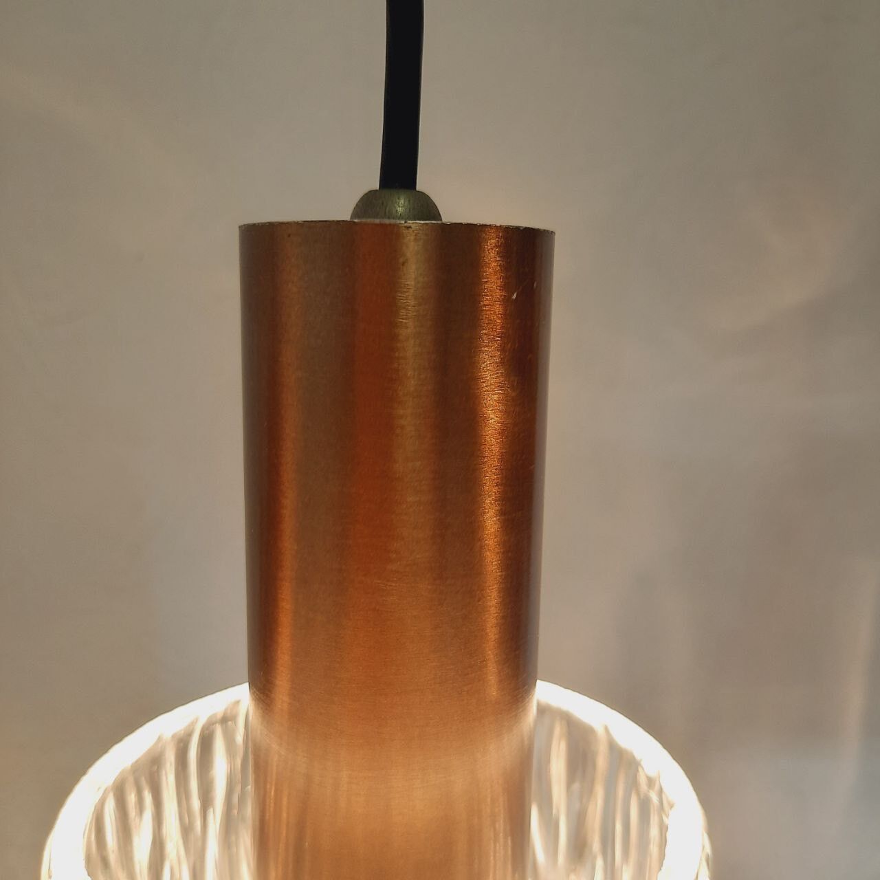Three vintage suspension lamps, copper aluminum and glass