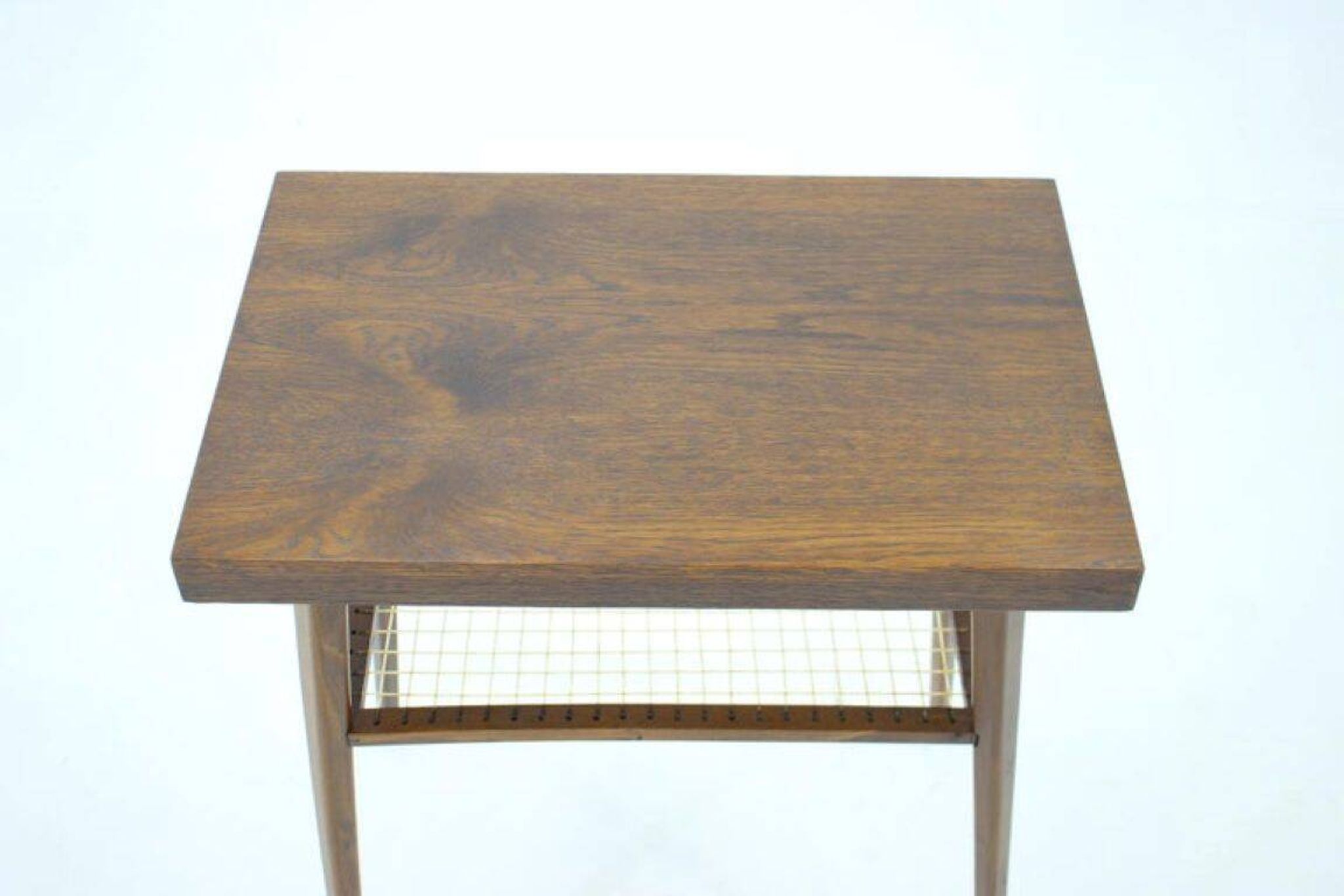 1960s Mid-Century Czech Oak Side Table with Woven Magazine Shelf