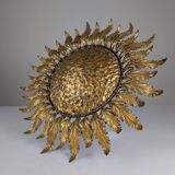 Golden Sunburst Ceiling or Wall Lamp with Leaf Rays, 1950s