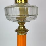 Kerosene lamp of brass with white opaline glass shade and orange glass stem, 1860s
