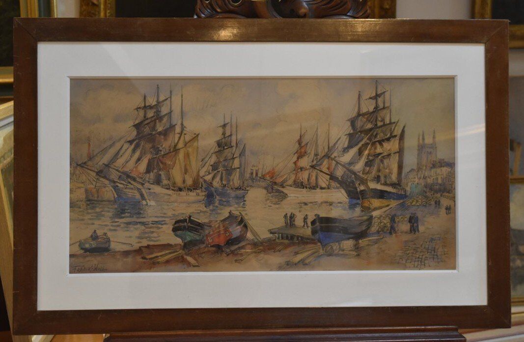 Frank Will (1900-1950) Grand Port Aux Trois Mats, Fécamp, grande aquarelle