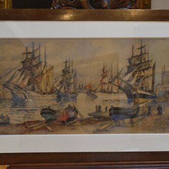 Frank Will (1900-1950) Grand Port Aux Trois Mats, Fécamp, large watercolour