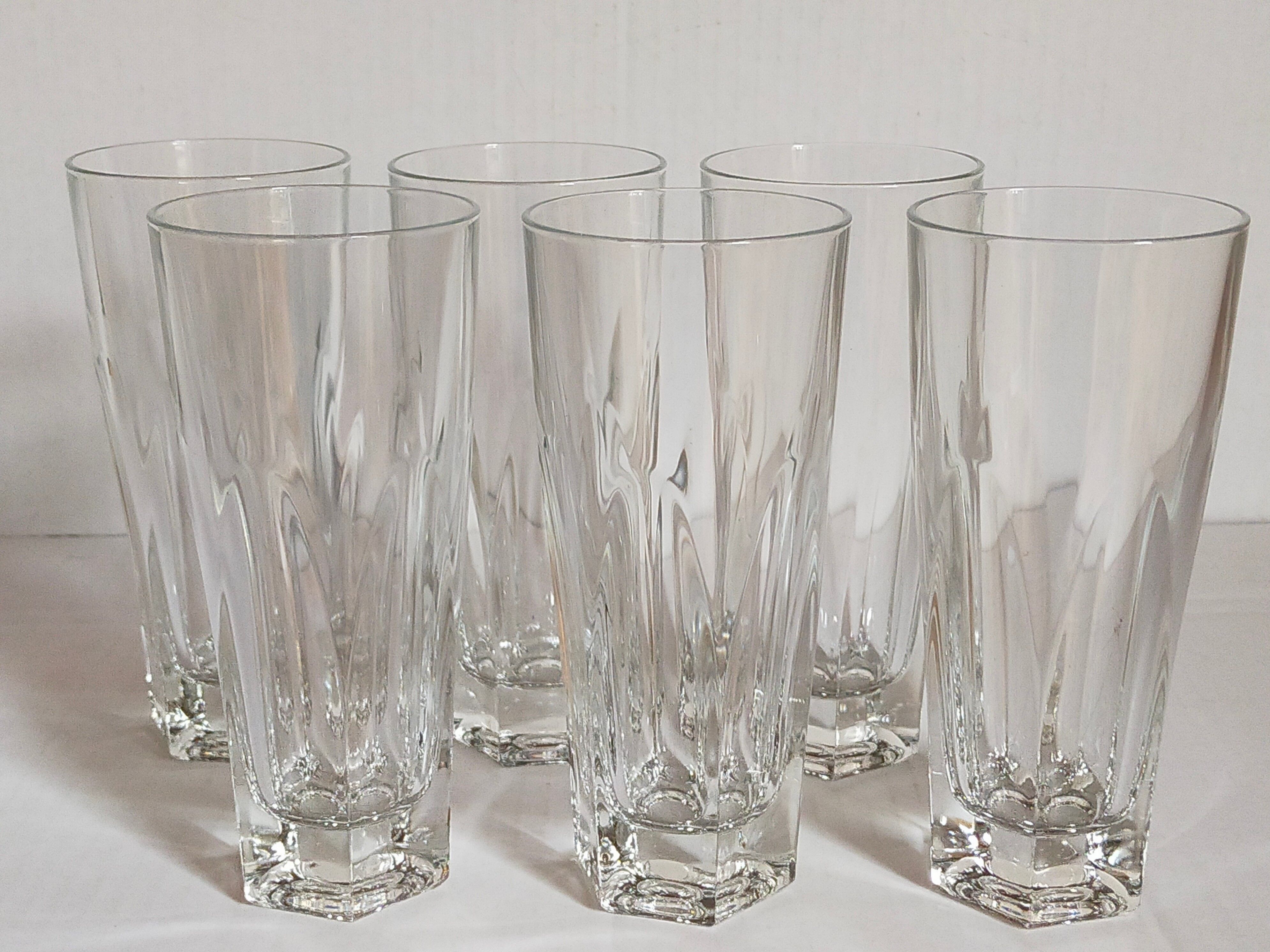 Six Art-Deco long drink glasses in crystal with cut sides