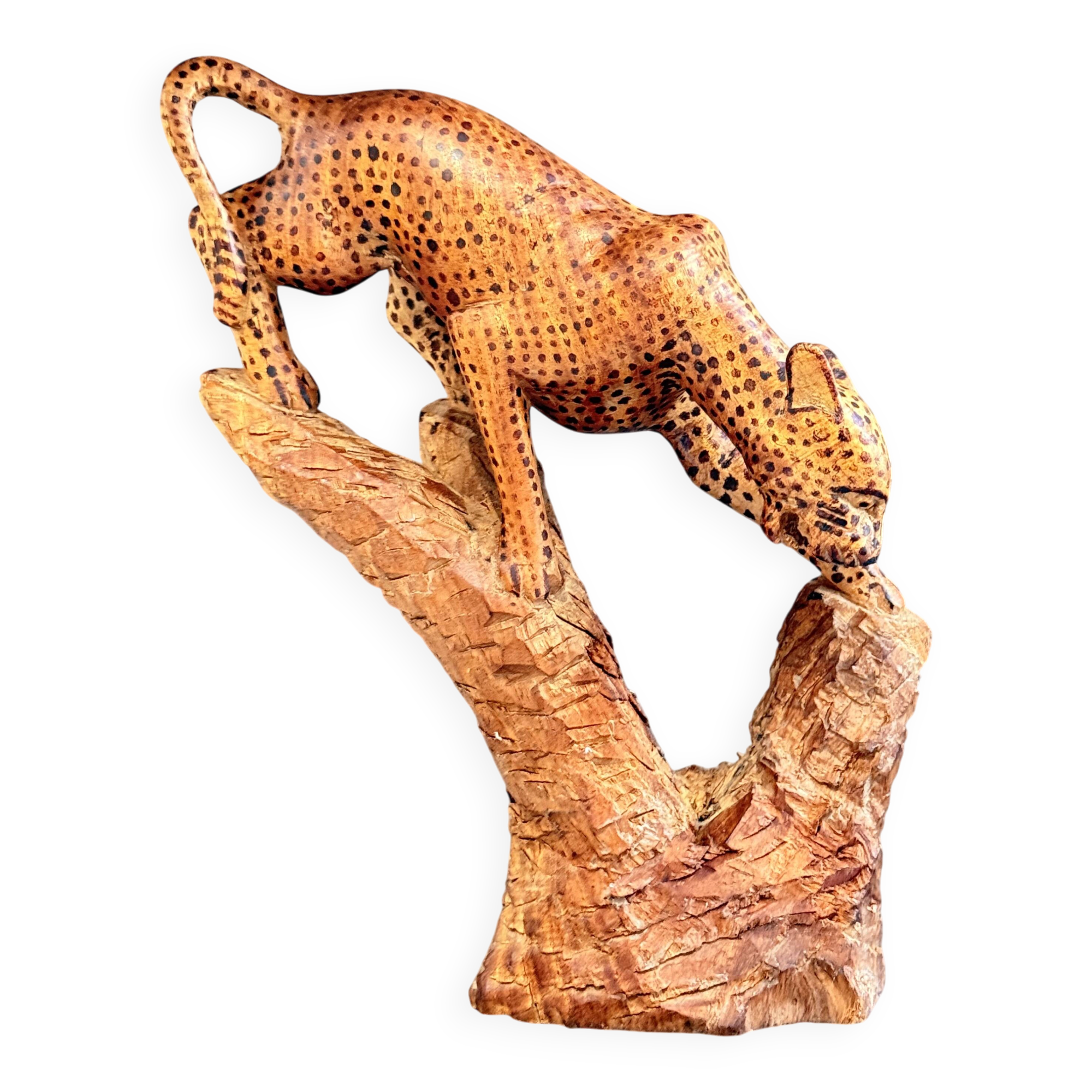 Sculpture de léopard africain sculptée à la main sur tronc d'arbre, figure d'art populaire tribal