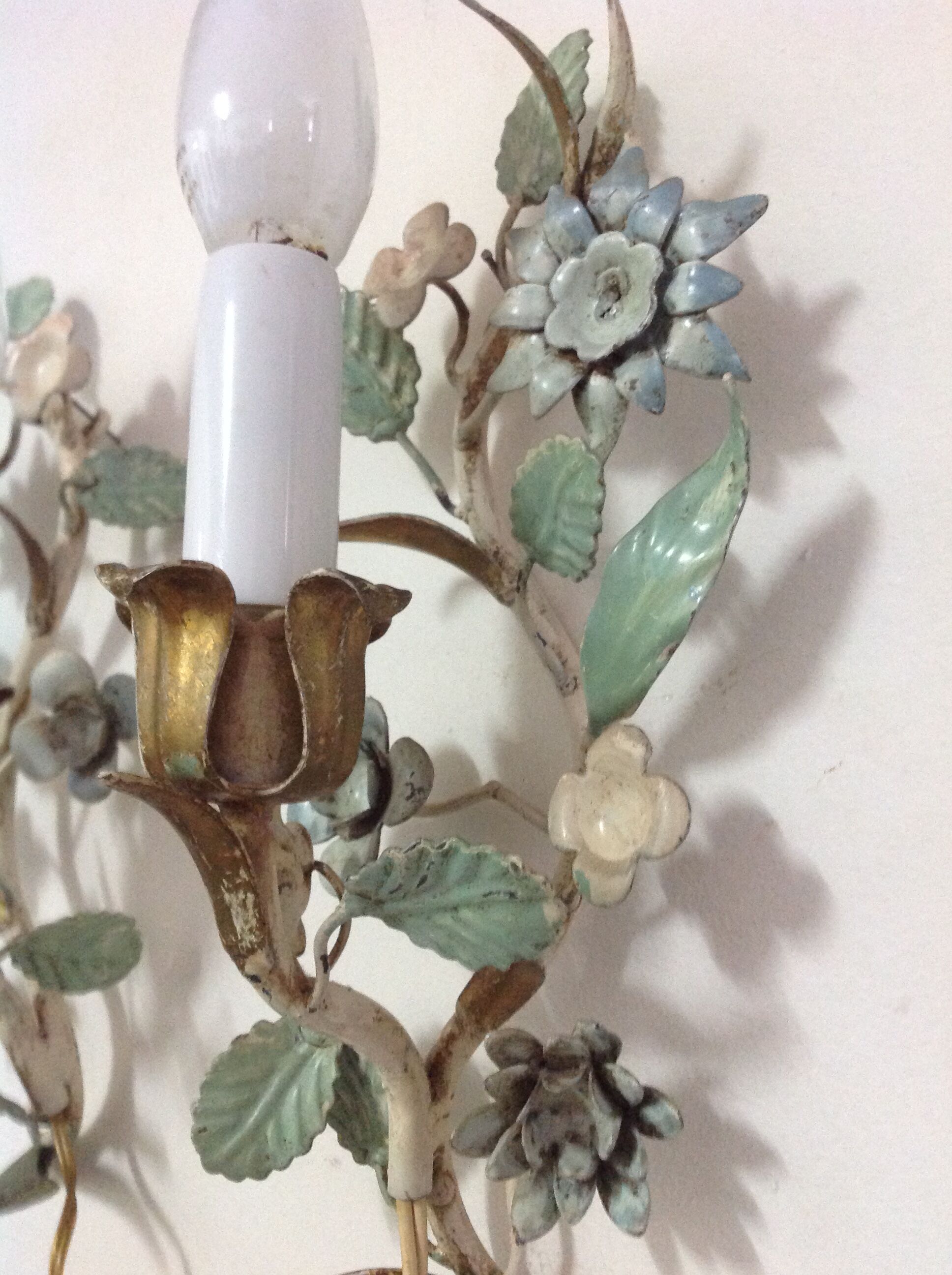 Painted metal flower sconces, vintage, 50s