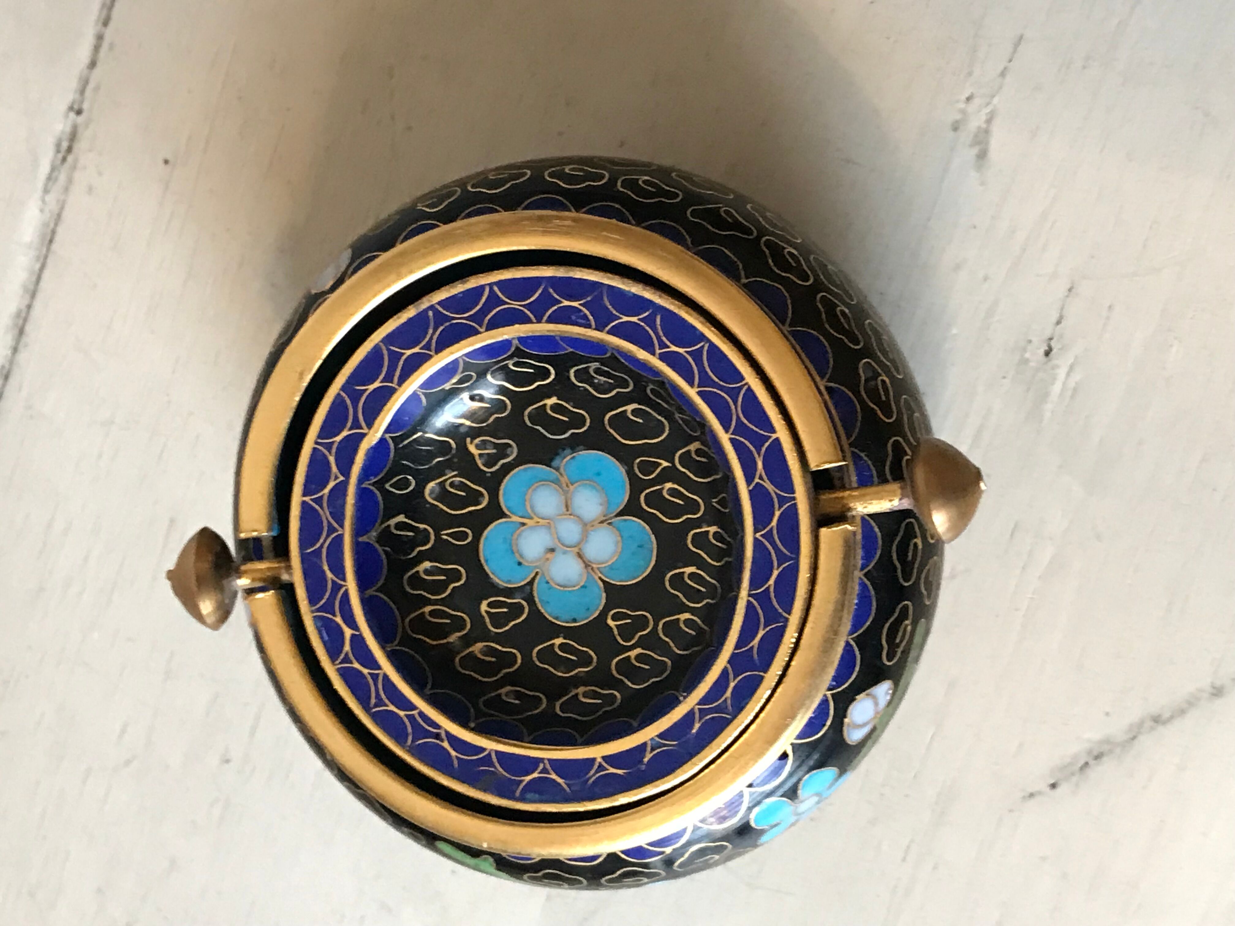 Ashtray burns incense in bronze enamelled floral decoration forget-me-not tones blue and black