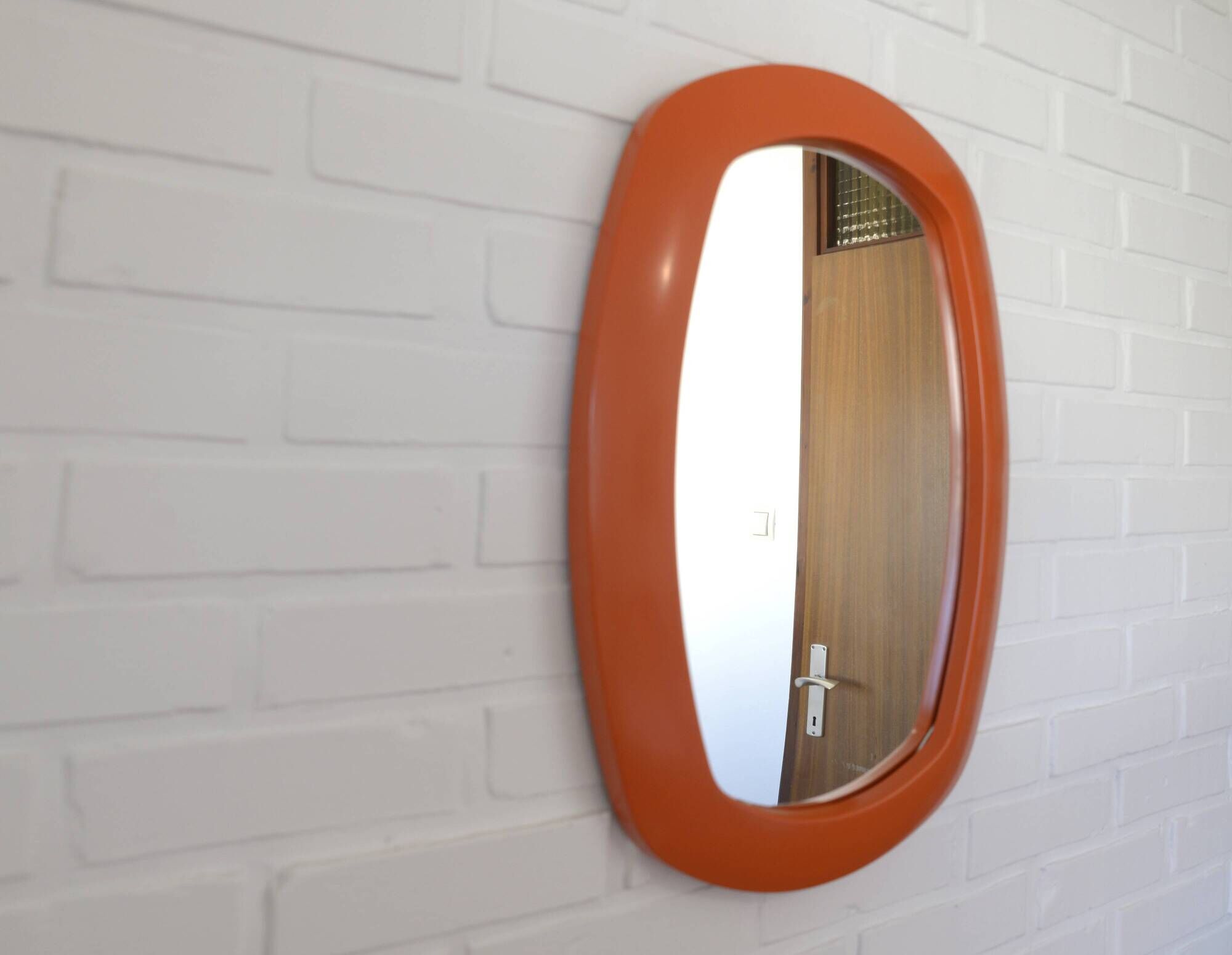Rare 1970s Orange Space Age Mirror | Vintage Pop Art Yugoslav Wall Mirror