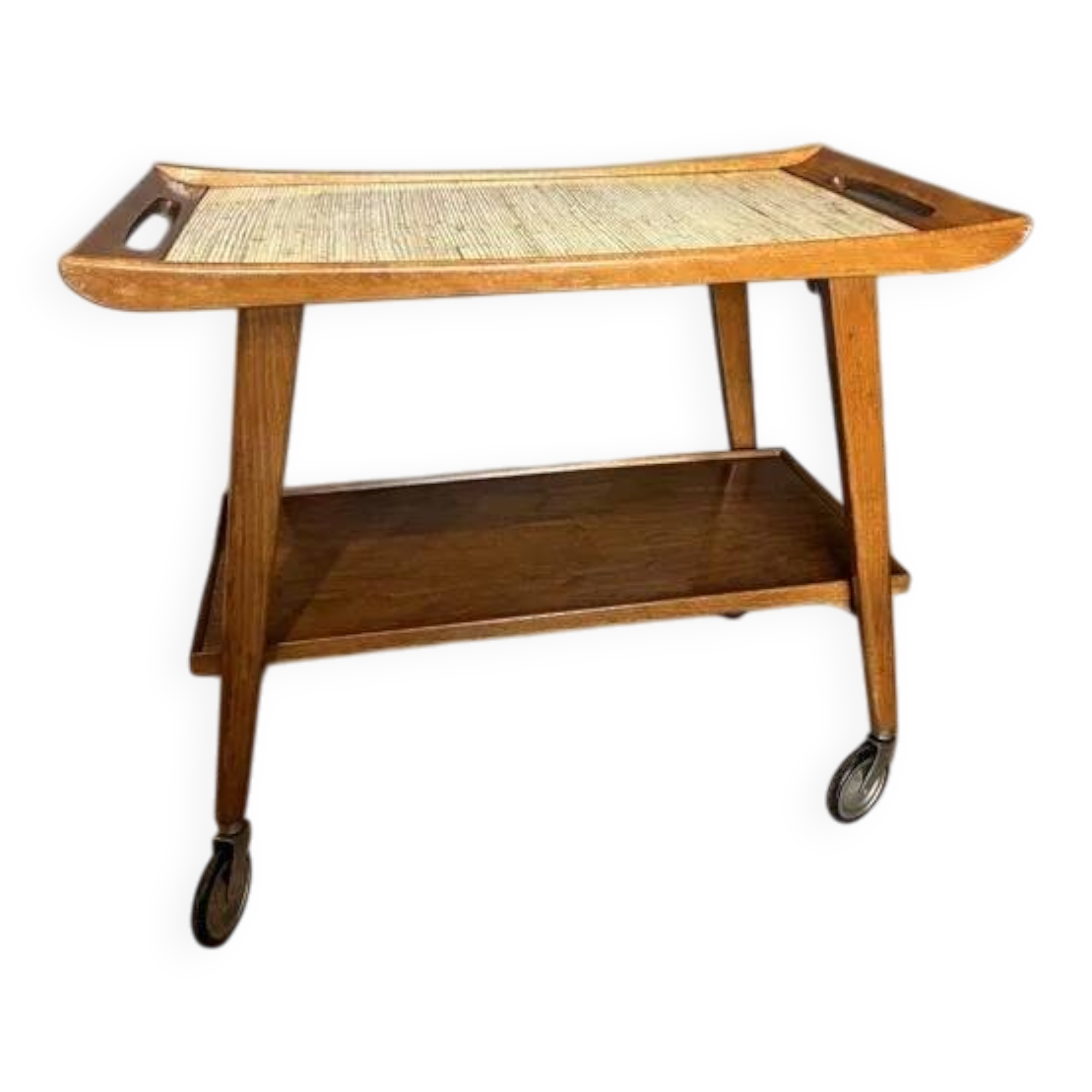 Mid-Century "Opal" Bar Cart / Serving Trolley — Oak & Rattan, 1960s