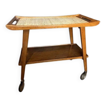 Mid-Century "Opal" Bar Cart / Serving Trolley — Oak & Rattan, 1960s