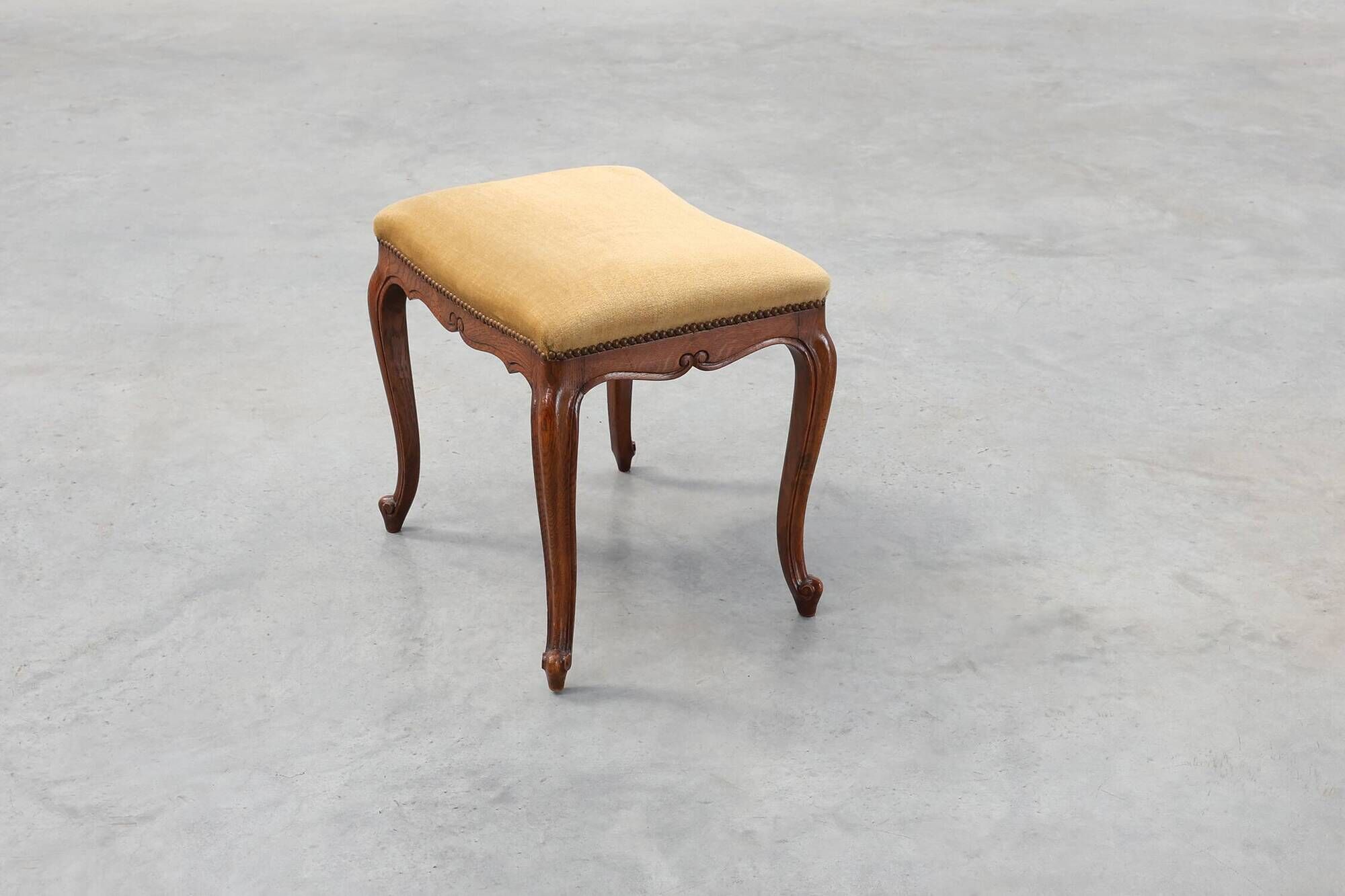 Louis XV Style Walnut Stool with Cabriole Legs and Velvet Seat, France, 20t