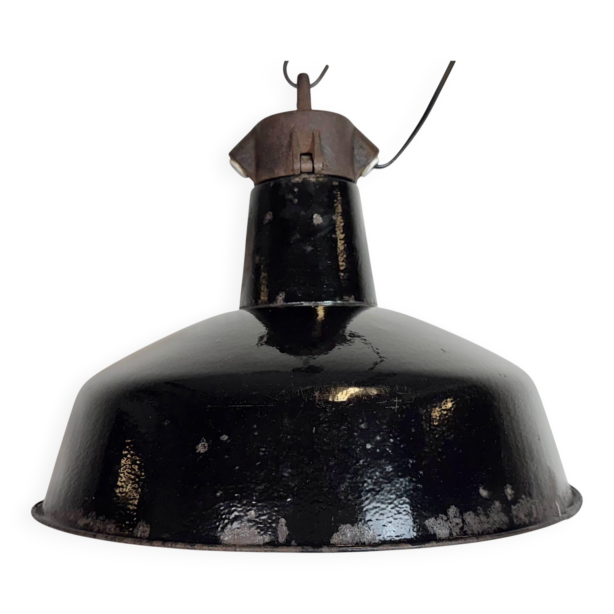 Industrial Black Enamel Factory Lamp with Cast Iron Top, 1950s