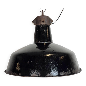 Lampe d'usine industrielle en émail noir avec dessus en fonte, années 1950