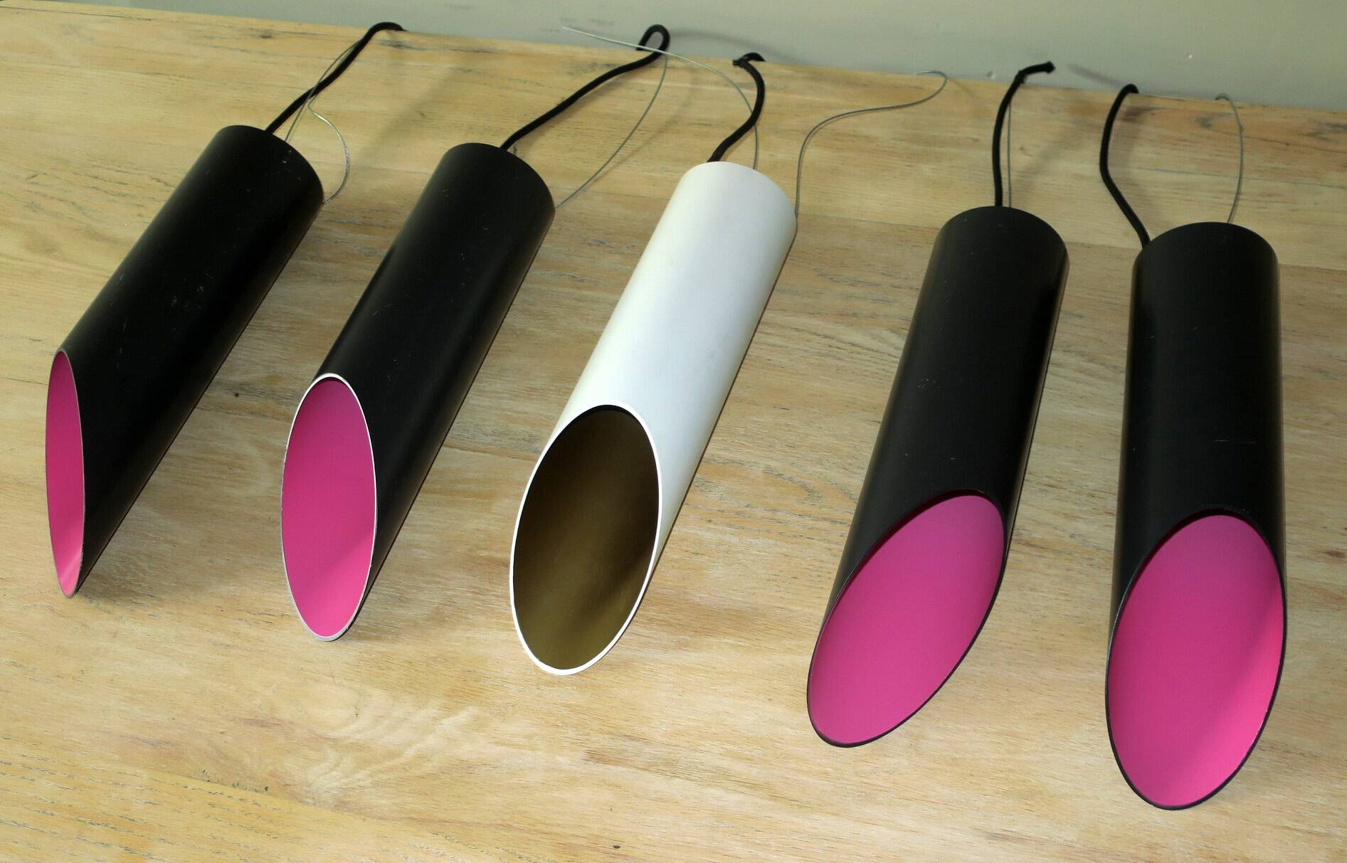 Set of 5 multicoloured cylindrical bar pendant lights, 1970s