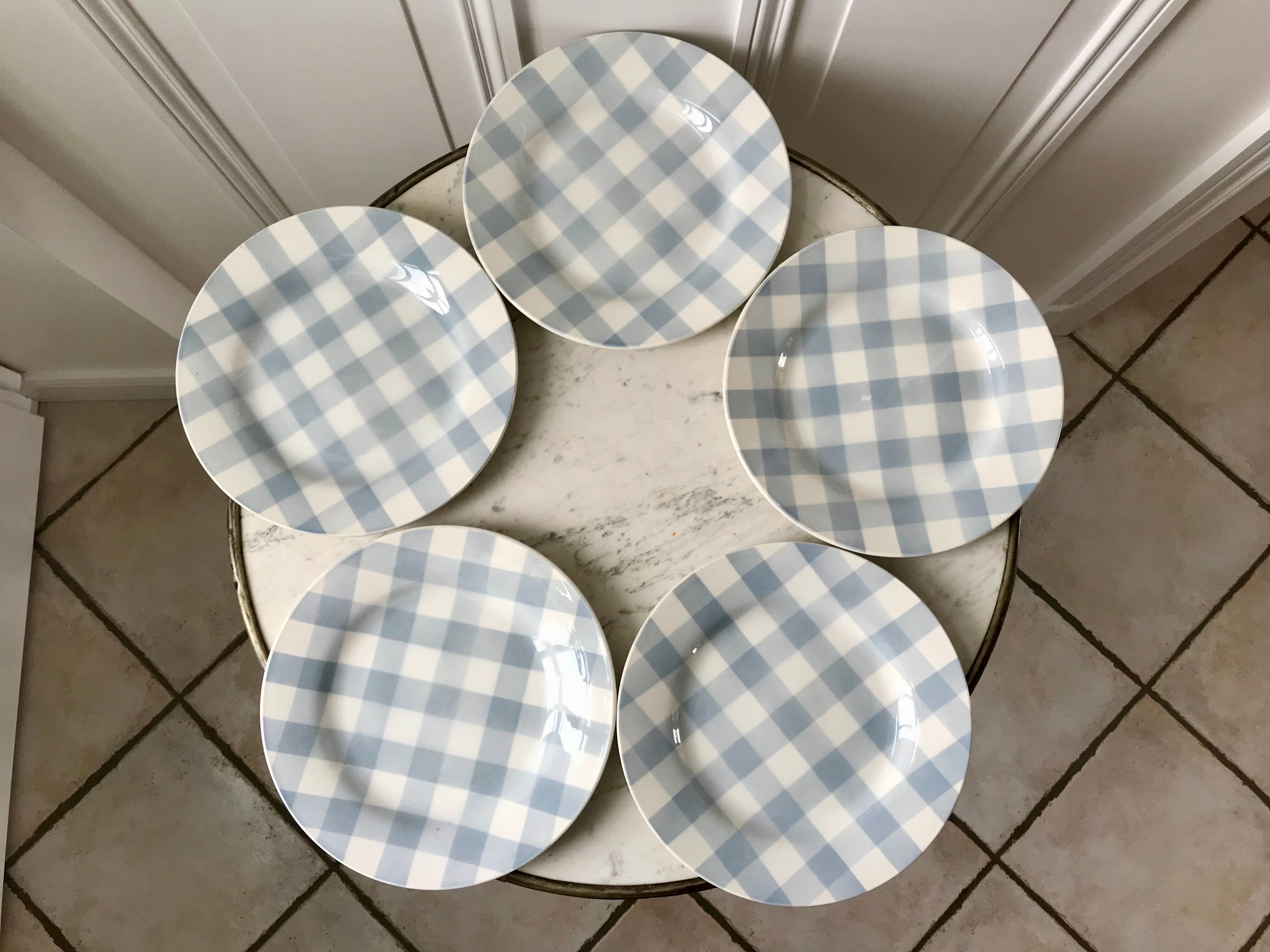 Lot de 5 assiettes plates digoin sarreguemines modèle "écossais" vichy bleu ciel années 40-50