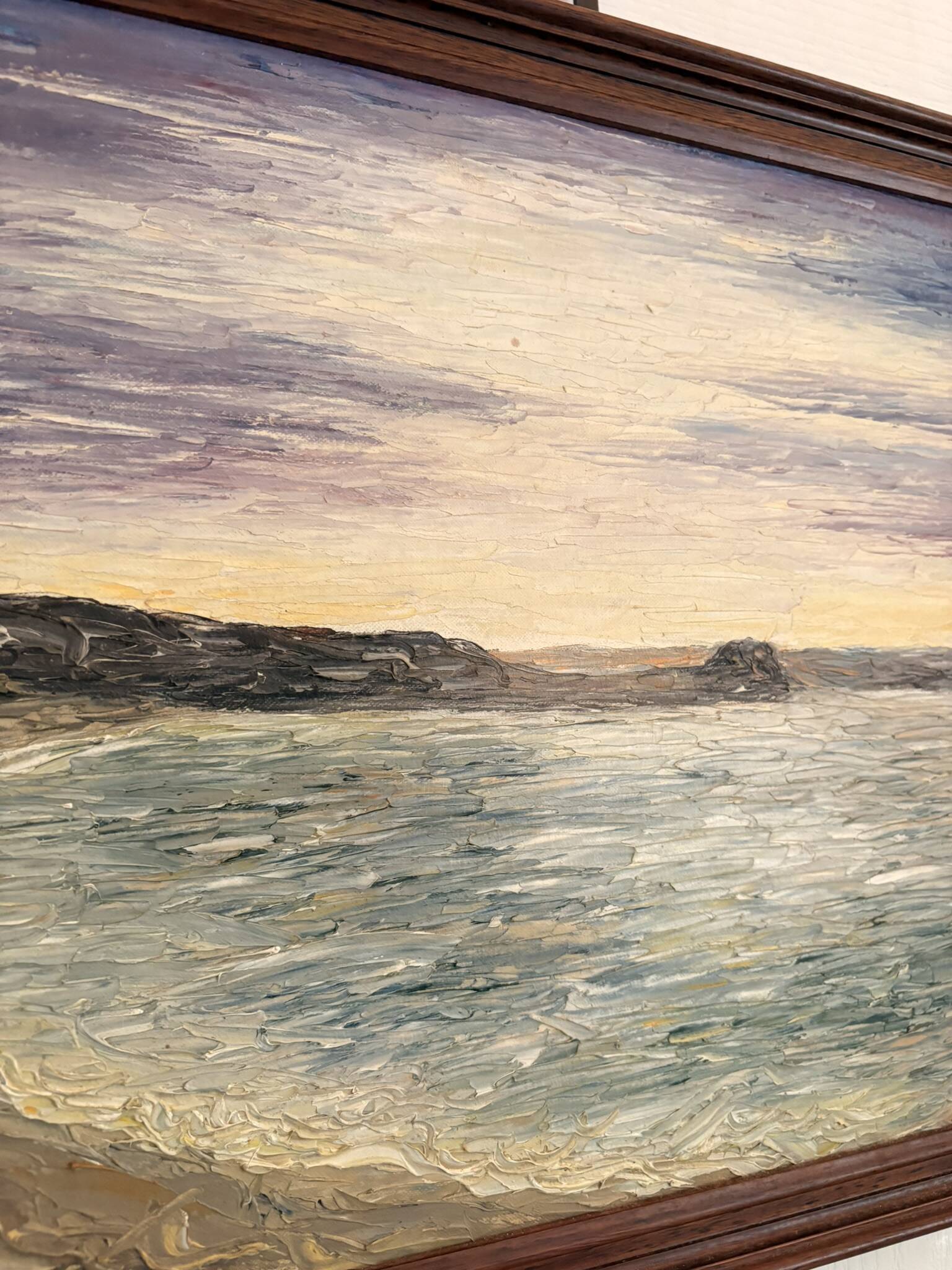 Oil painting knife beach sea sunset cliff signed canda