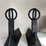Paire de chenets modernistes mid century en fonte