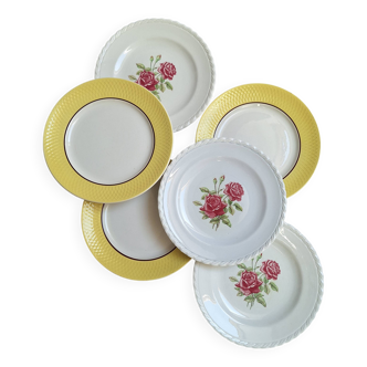 Assiettes plates jaunes et roses vintage