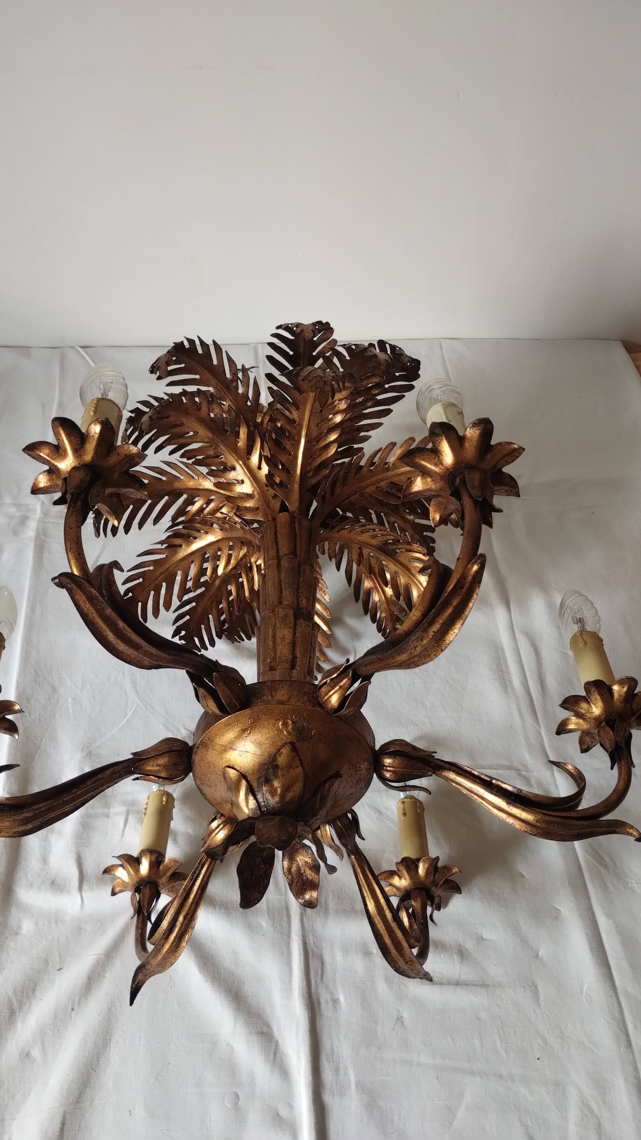 Vintage 1970s gold-tone metal palm tree chandelier with 6 arms