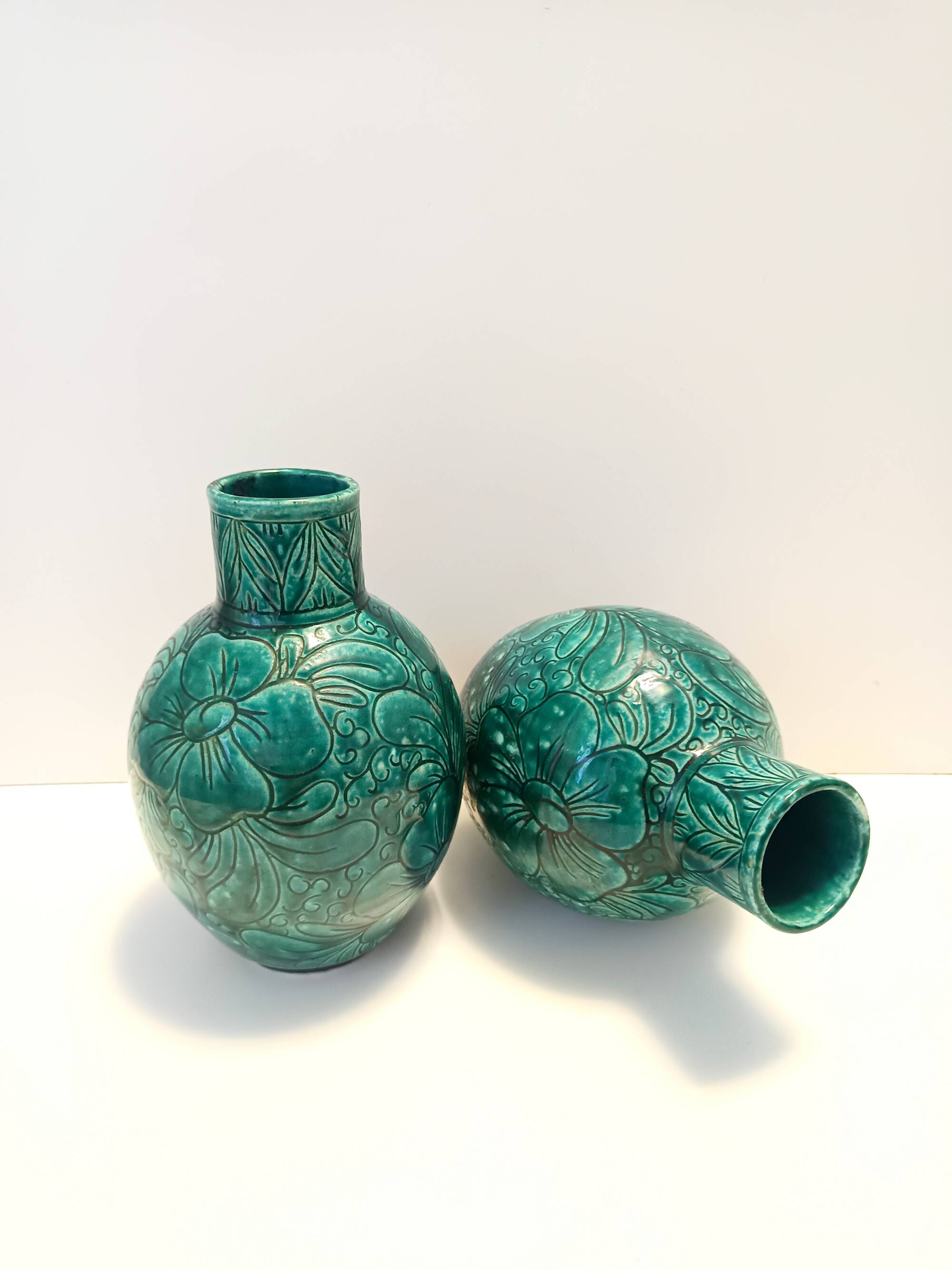 Pair of Handcrafted Green Ceramic Vases by Fanciullacci, Italy