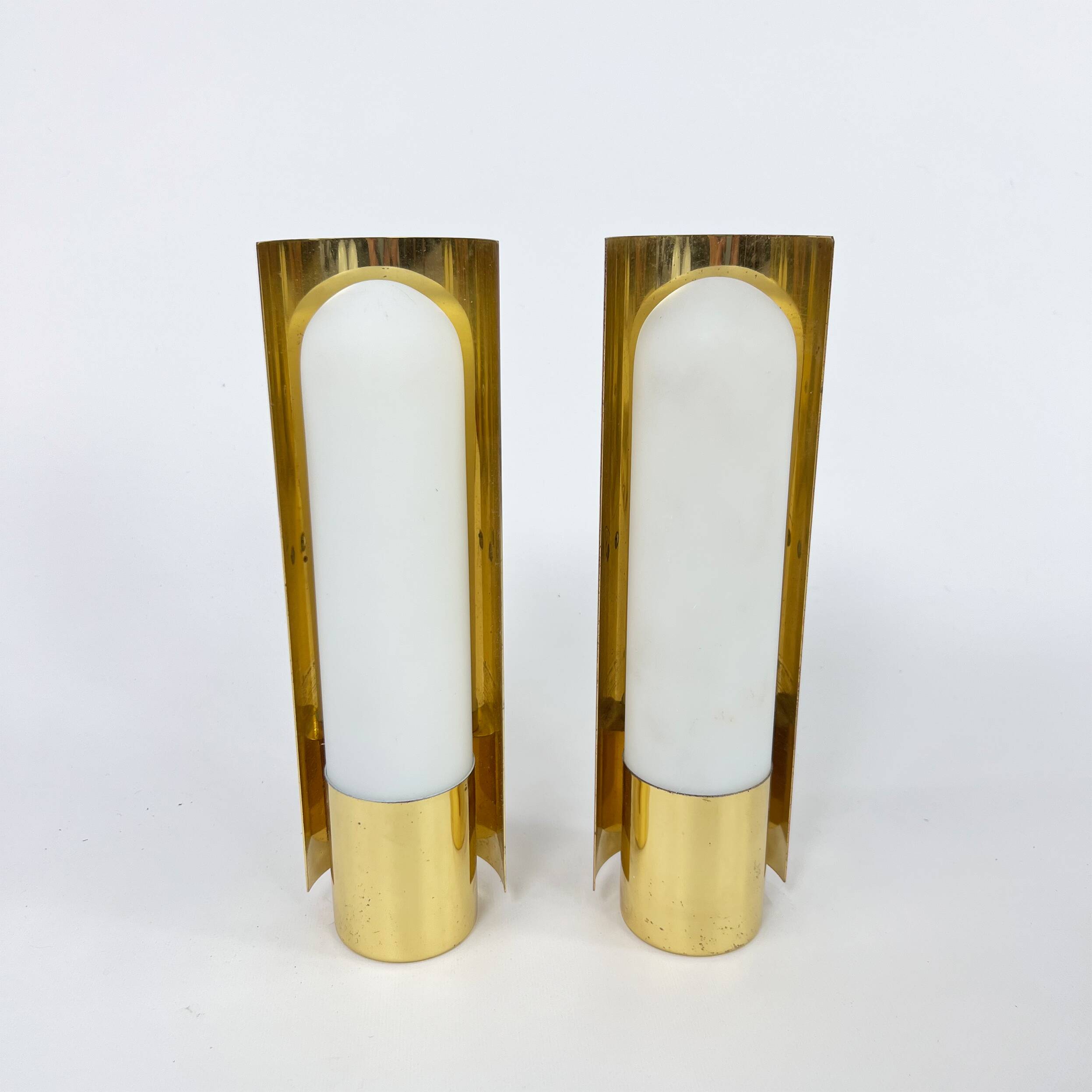 Hollywood Regency Set of 2 Brass and Opaline Glass Scones from Glashütte Limburg, 1970s