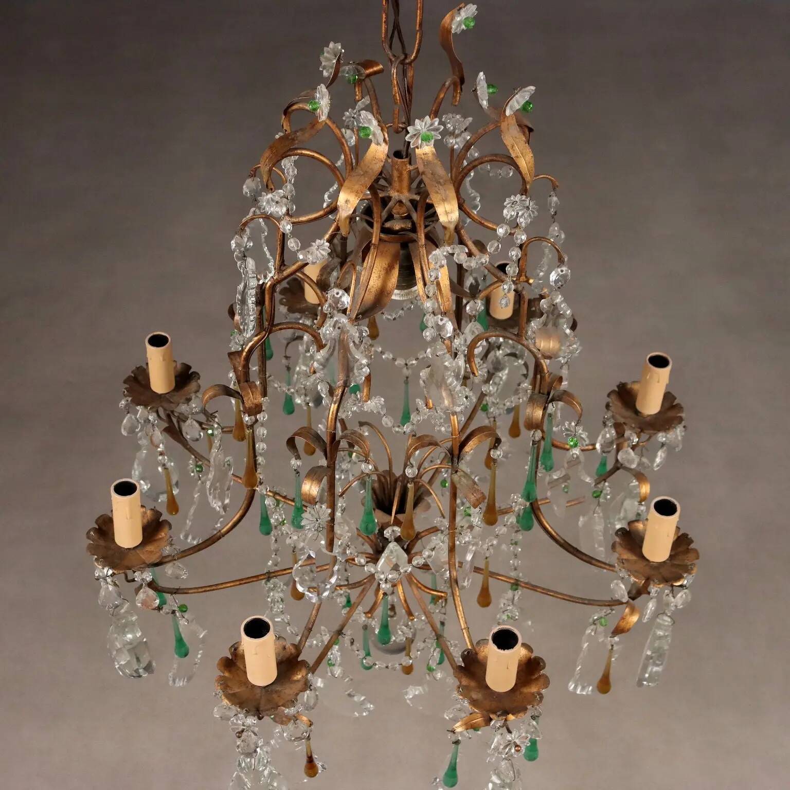 Antique chandelier in gilded iron and glass, Italy, 20th century
