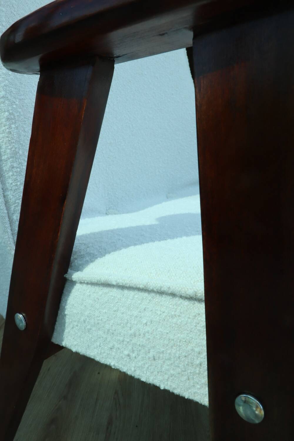 Scandinavian armchair snow white boucle dark walnut wood colour design by Chierowski 366 model