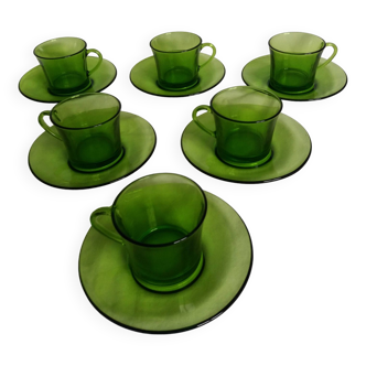 Duralex green glass cups and saucers
