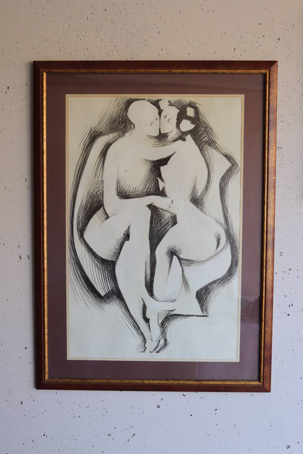 Large framed ink drawing – Embracing couple