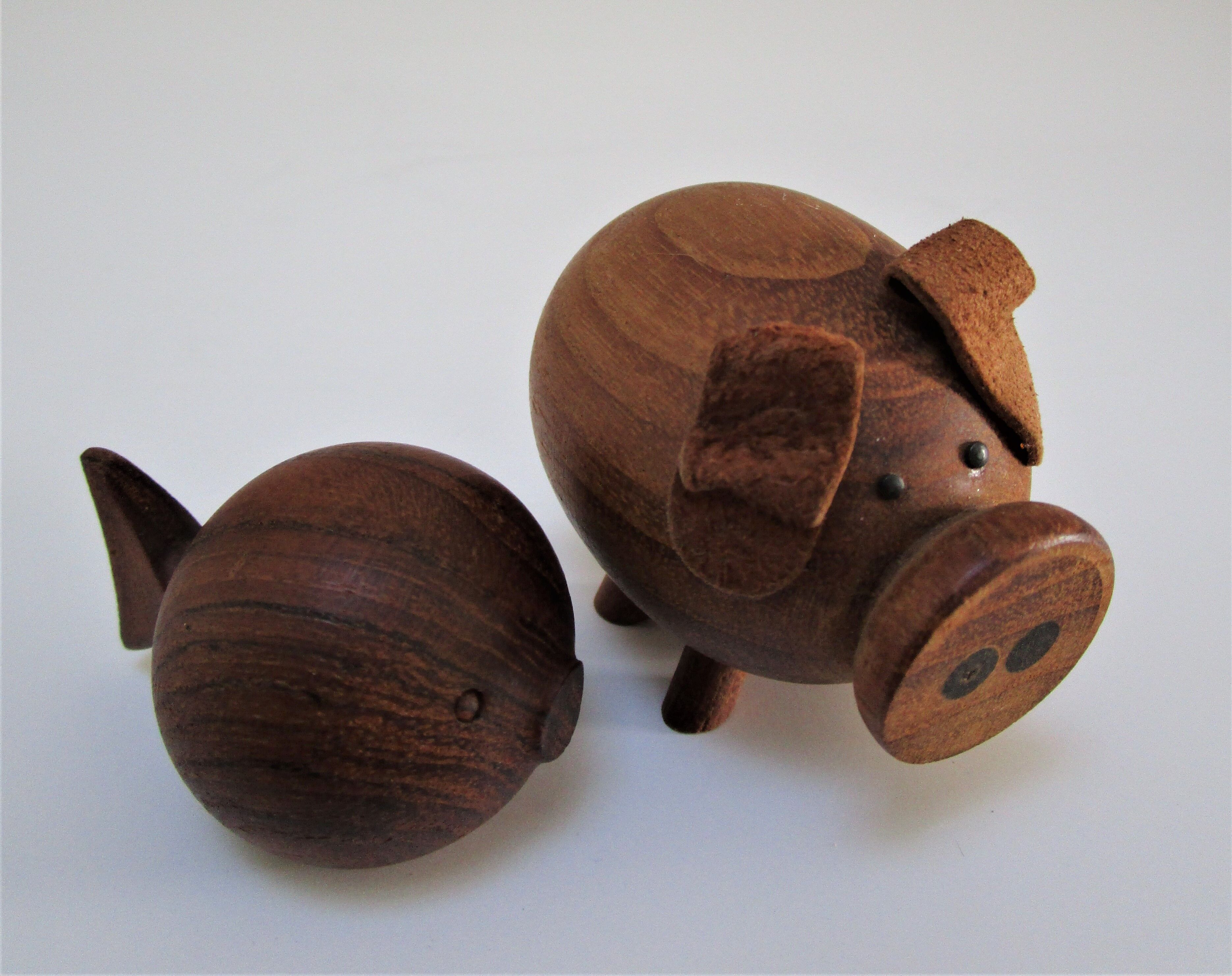 pig and fish wood teak vintage Scandinavian toy 60s