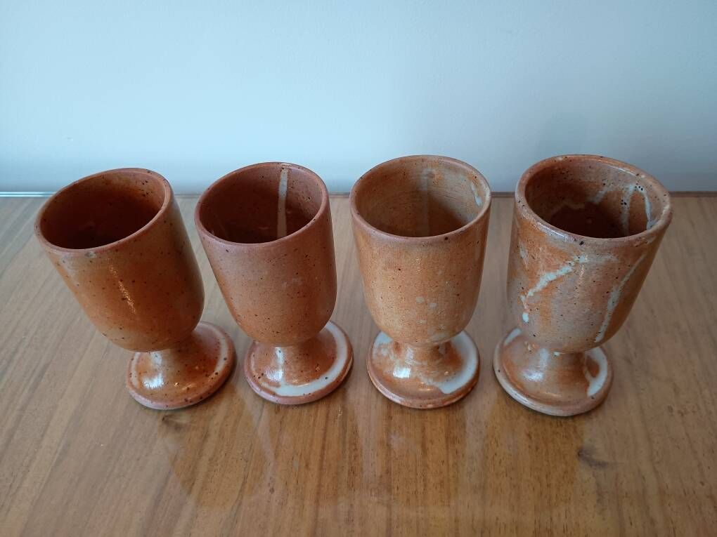 Set of 4 beige stoneware mazagran cups made in France vintage