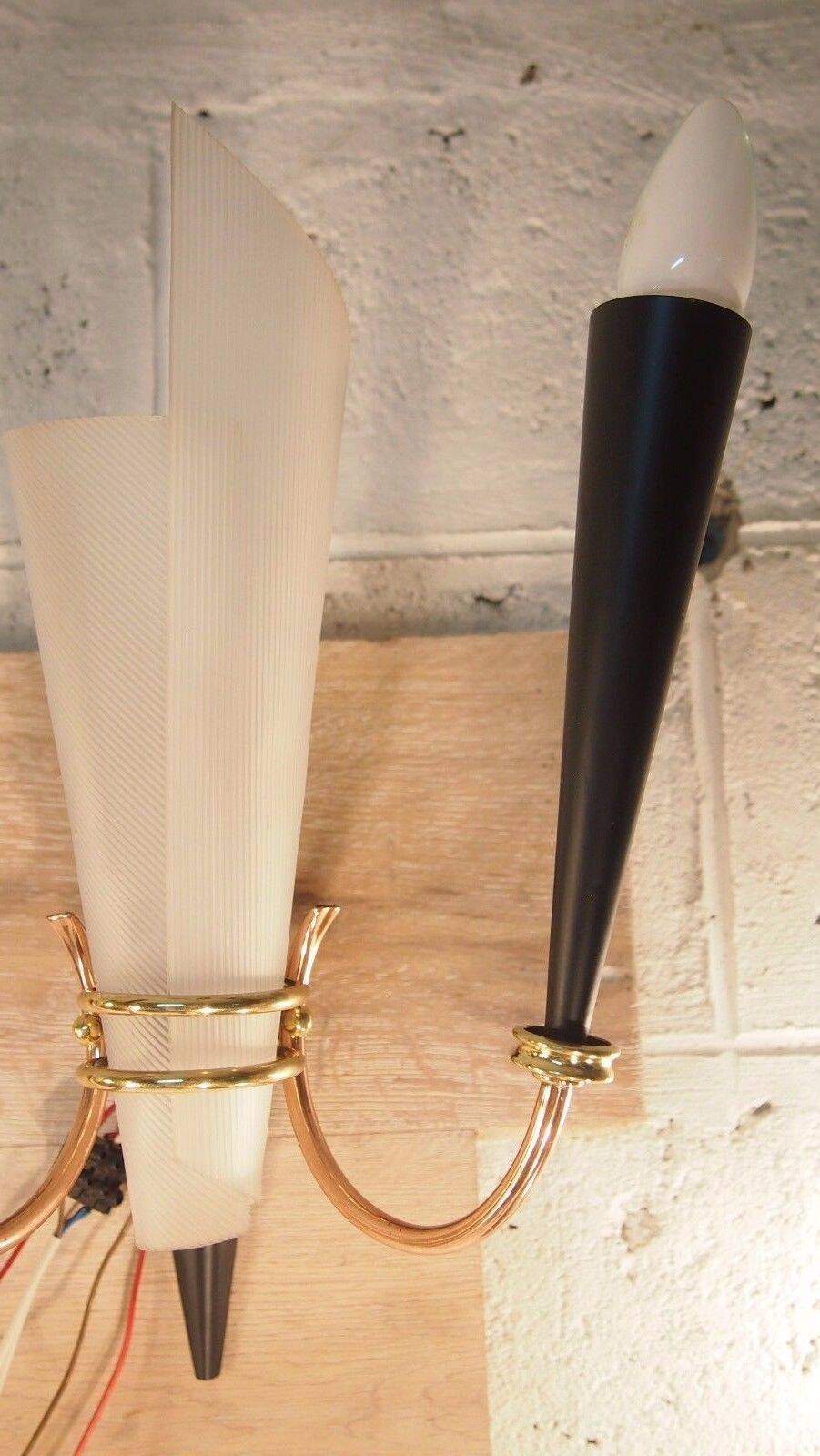 Paire applique lunel mid century texture perspex laiton dore noir