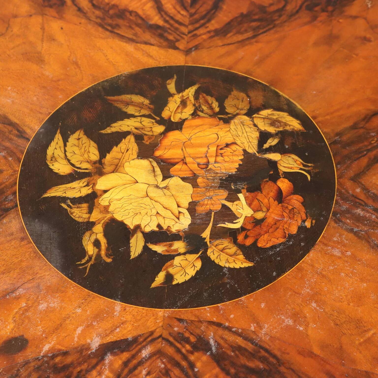Antique walnut and rosewood table with floral inlays, Netherlands, 19th century.