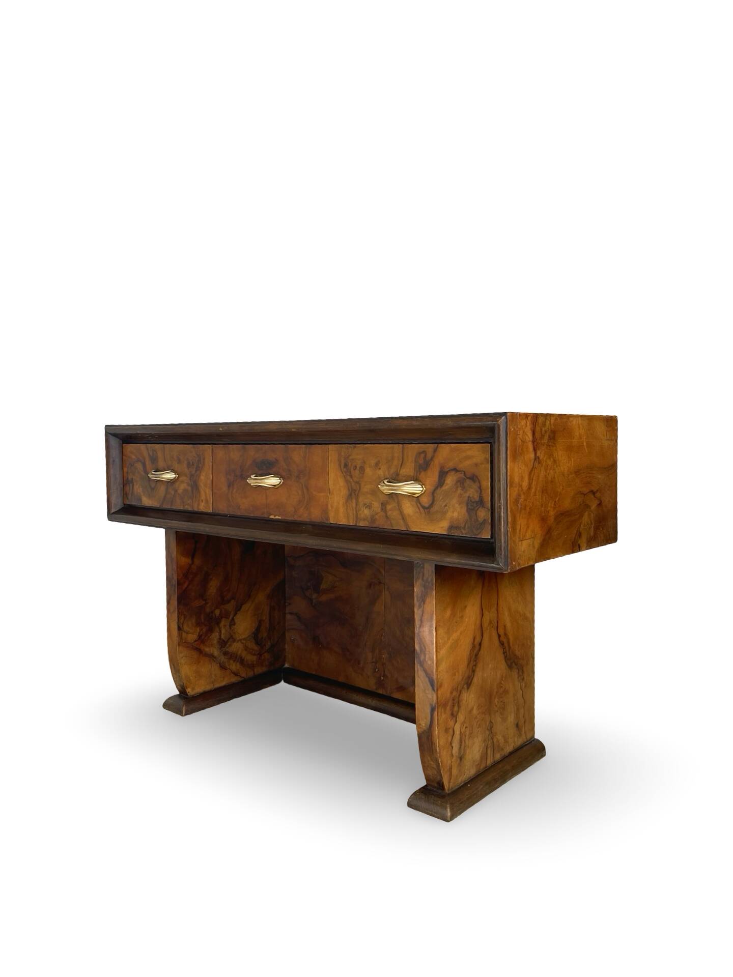 Italian burl walnut art deco console table, 1930s.
