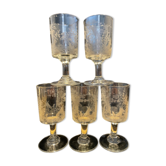 Set of 5 antique glasses in blown and engraved glass