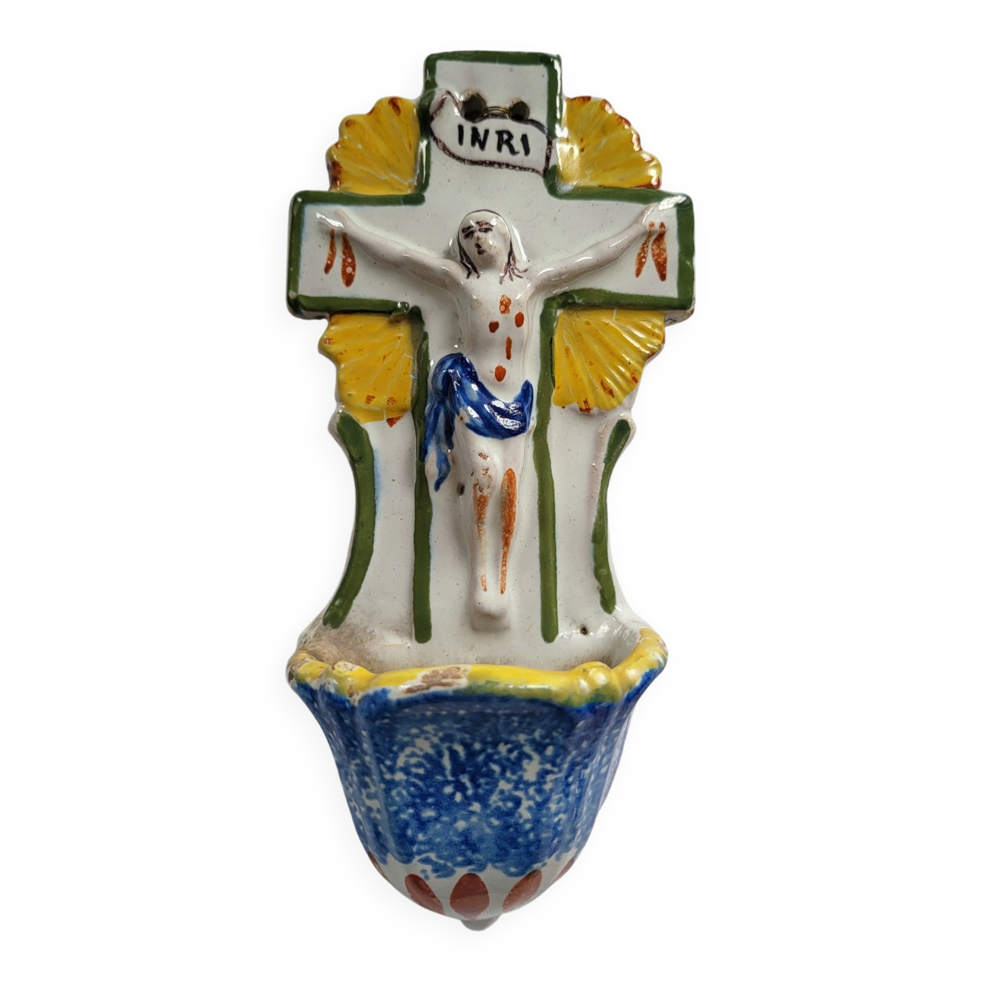Ancien Bénitier en Faïence de l'Est Croix Christ INRI Nevers