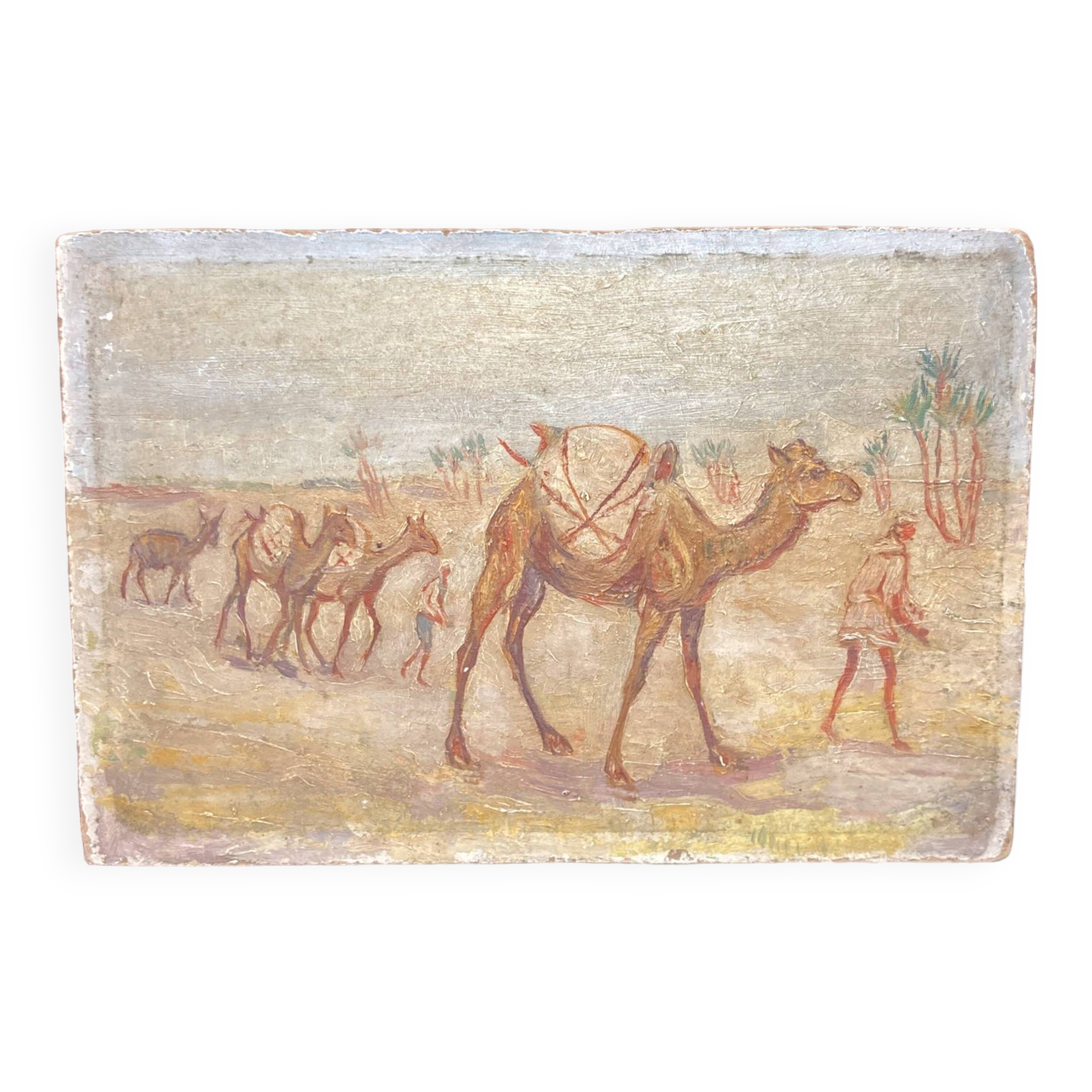 Oil on wood representation of camels.