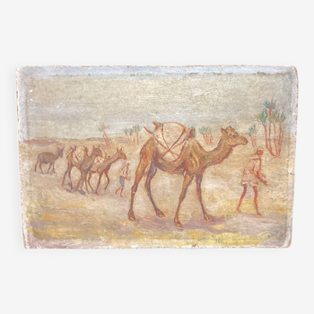 Oil on wood representation of camels.