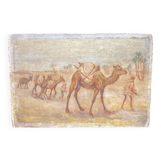 Oil on wood representation of camels.