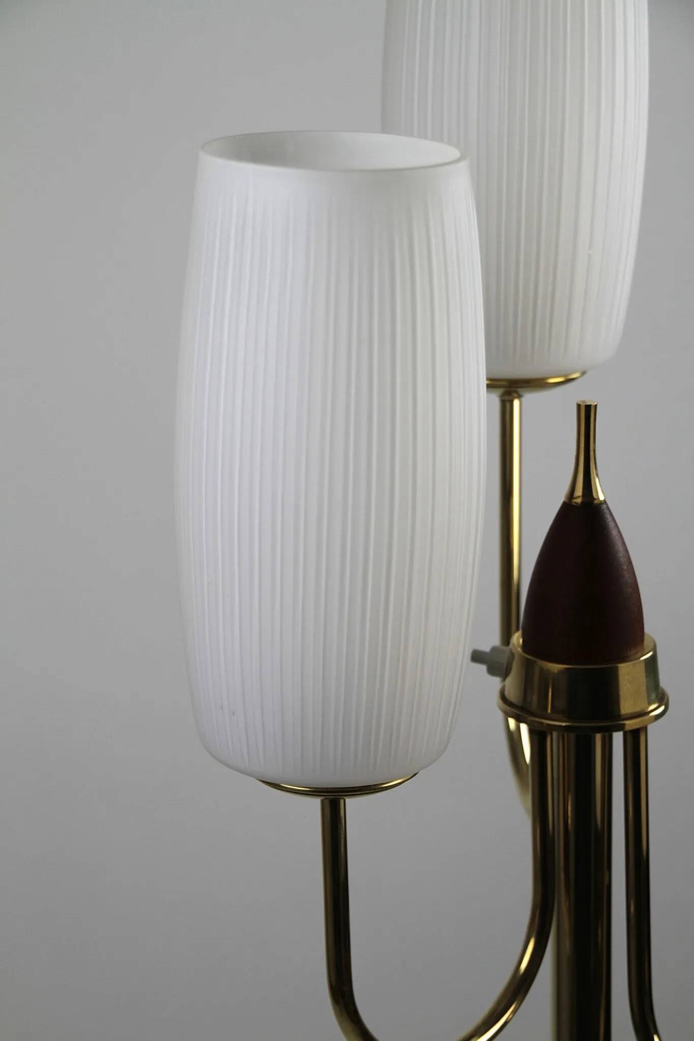 Brass & Teak Three-Light Candelabra Floor Lamp — Scandinavia, 1940s/1950s