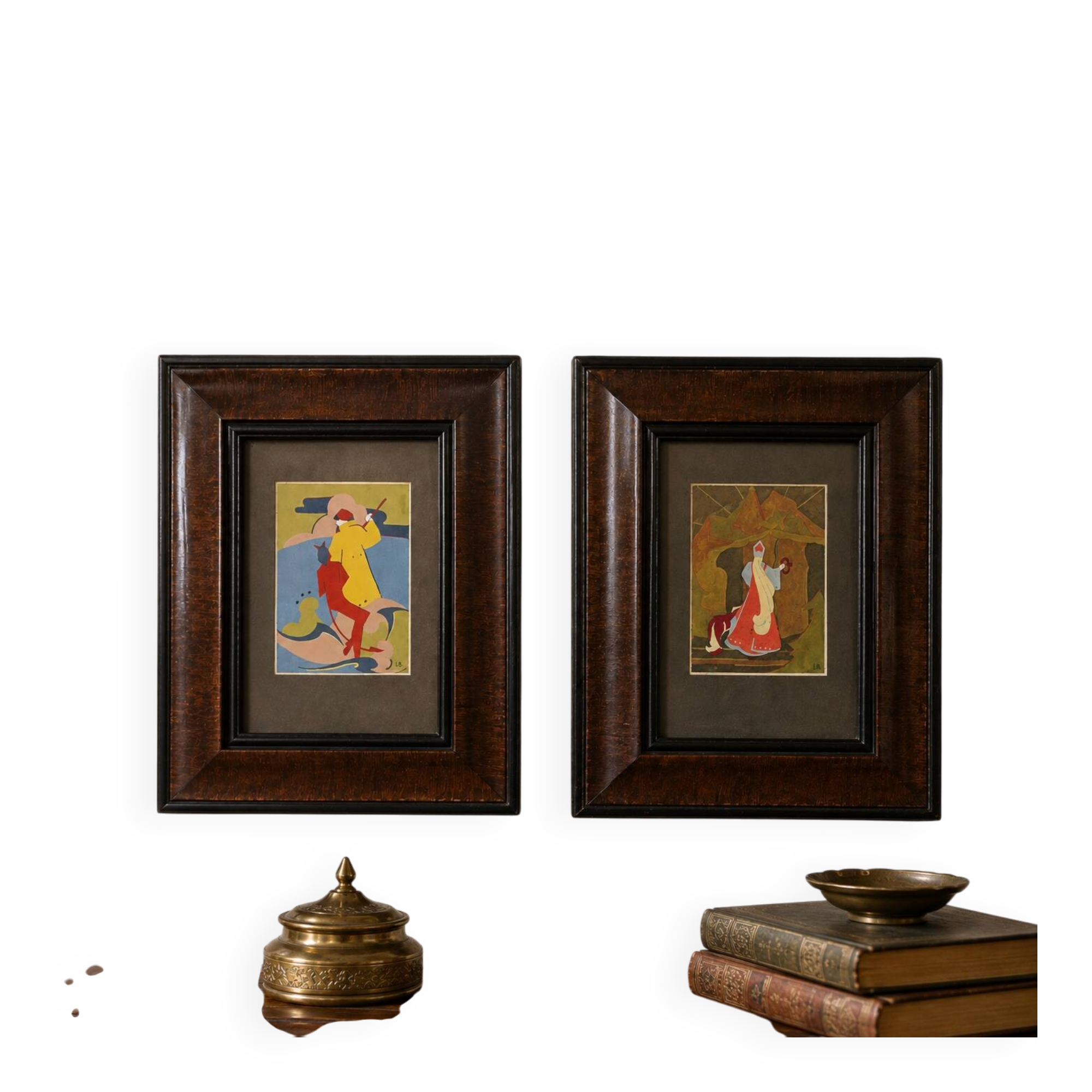 Pair of antique paintings – Russian illustrations – Pushkin – antique frames