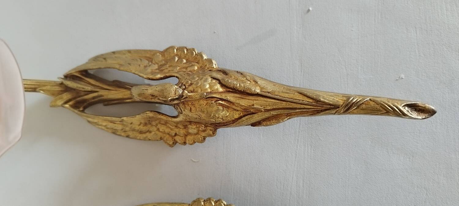 Pair of bronze swan and pink tulip wall lights in glass paste