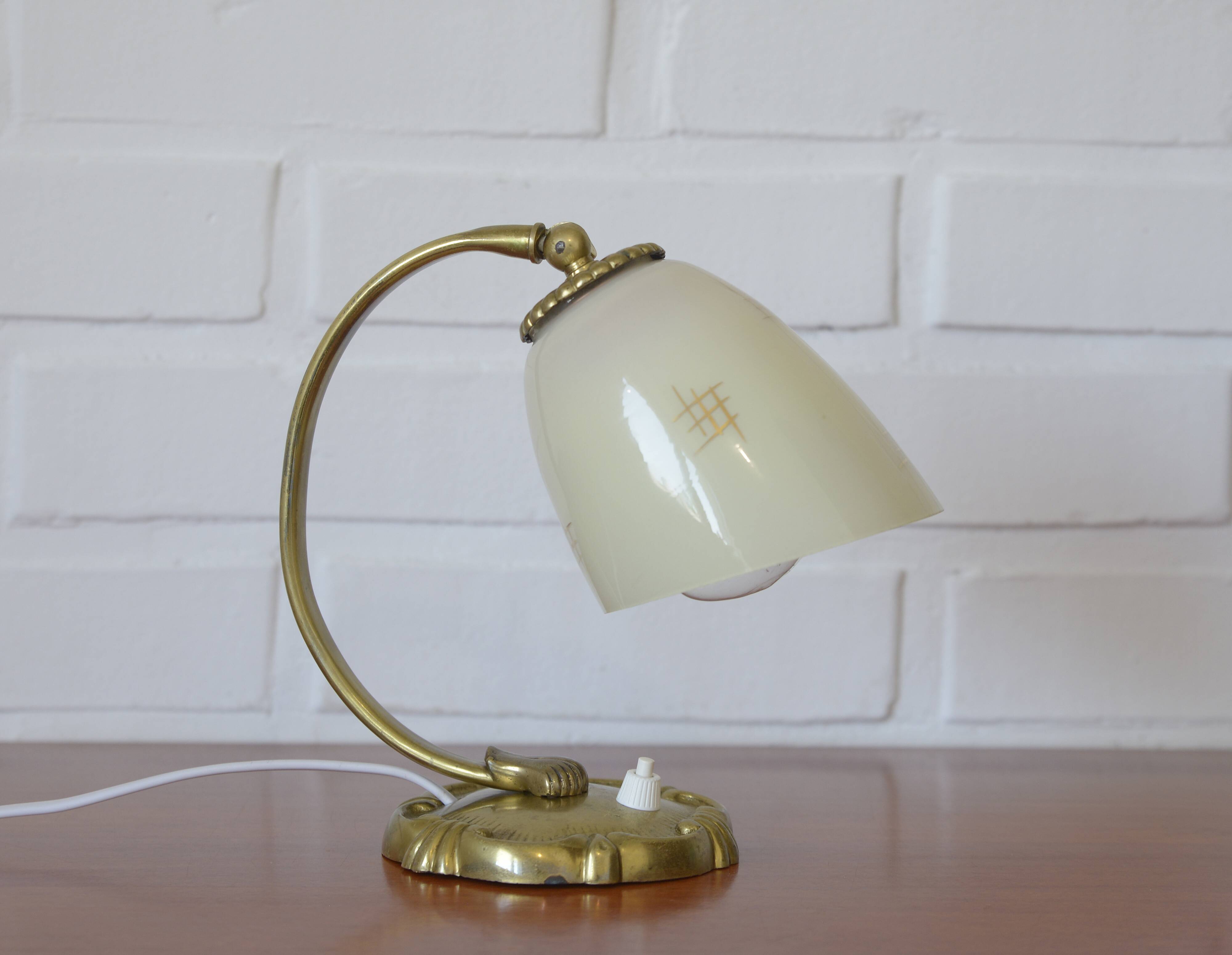 Antique Bedside Lamp / Art Deco Desk Lamp / Brass Table Light / Hand Blown