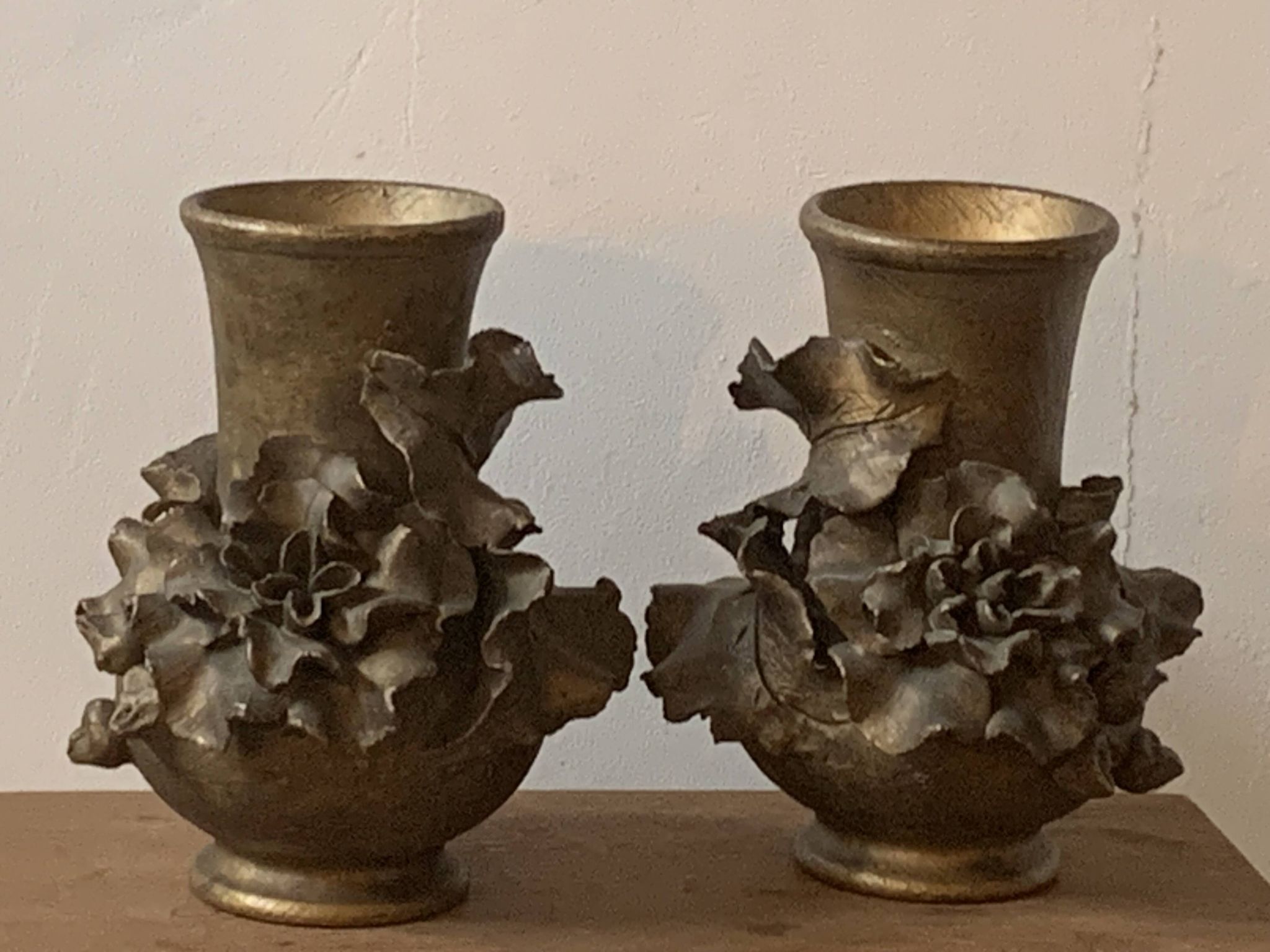 Pair of slip vases, ceramic with golden patina, signed Édouard Gilles.
